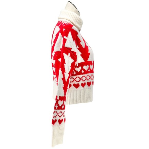 Jessica Simpson Half-Zip Turtleneck Sweater Red White Holiday Tree Heart Pattern - Picture 7 of 8